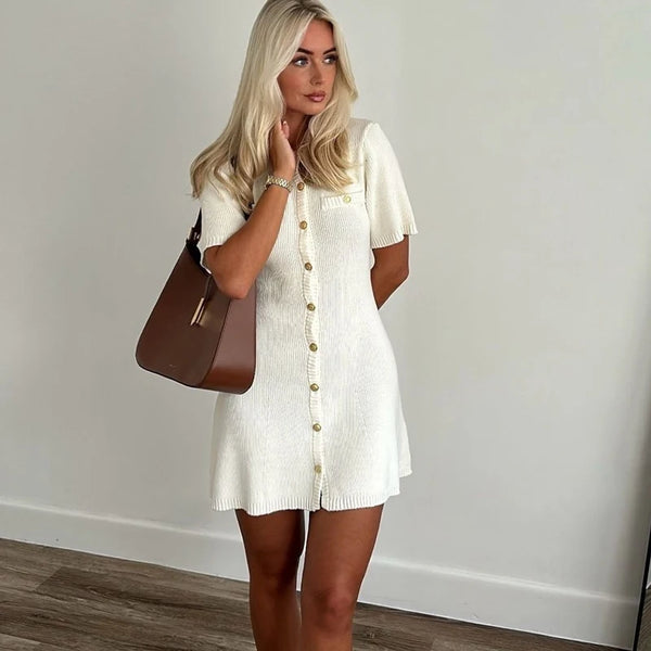 Elegant Knitted Mini Dress For Women With Metal Button Slim Rib Sweater Dress Holiday Party Outfit